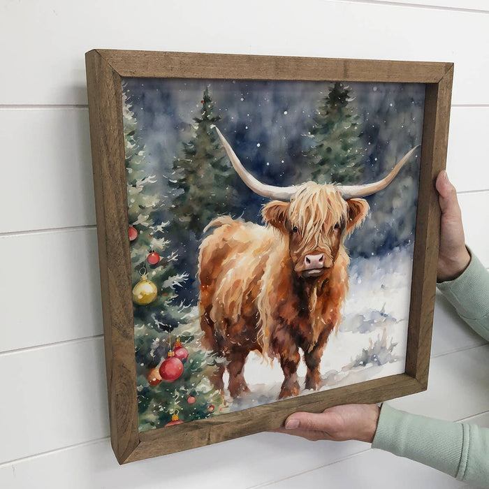 Highland Cow Christmas Tree - Framed Holiday Animal Canvas: 6x6" Mini Canvas Art with Wood Box Frame