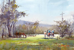 Horse Riding, Escondido, watercolor painting by Shuang Li (American art). Original painting and fine art giclée reproduction by California Watercolor for wall decor.