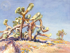 Joshua Trees Playing Twister, watercolor painting by Glen Knowles (American art). Original painting and fine art giclée reproduction by California Watercolor for wall decor.