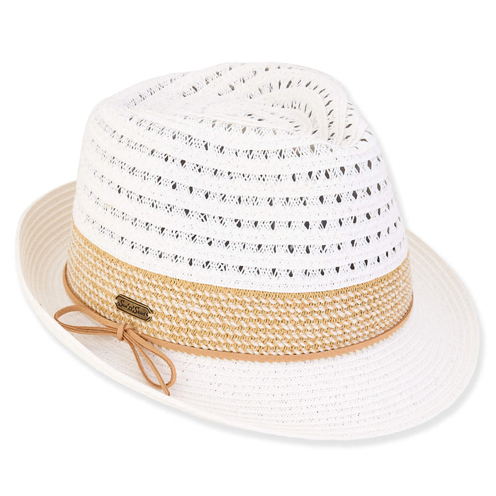 Kaylee Open Weave Crown Straw Fedora Hat - Sun 'n' Sand® Fedora Hat Sun N Sand Hats HH3096A White / Natural OS (57 cm)