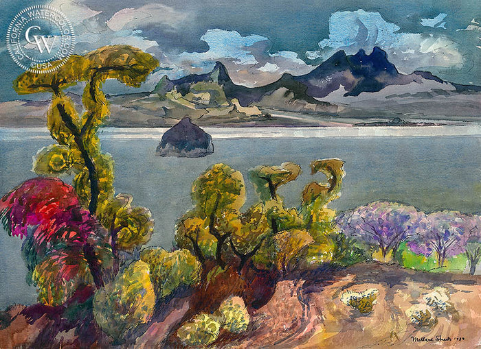 Lake Chapala, Mexico, 1983, watercolor painting by Millard Sheets (American art). Fine art giclée print reproduction by California Watercolor for wall decor.