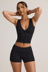 Modal Ribbed Button-Up Vest Top in Black