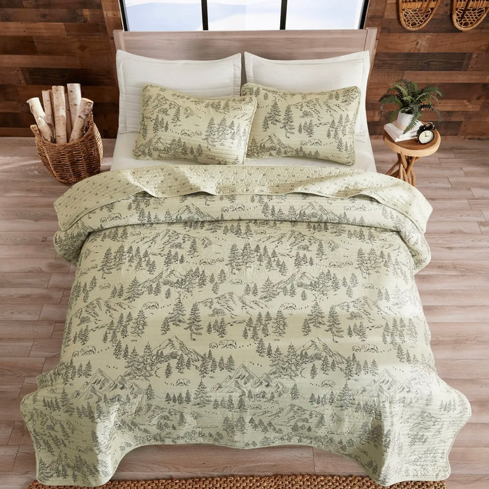 Light Green Bear and Pine Tree Toile Quilt Set - Annabel Bleu