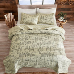 Light Green Bear and Pine Tree Toile Quilt Set - Annabel Bleu