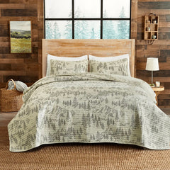 Light Green Bear and Pine Tree Toile Quilt Set - Annabel Bleu