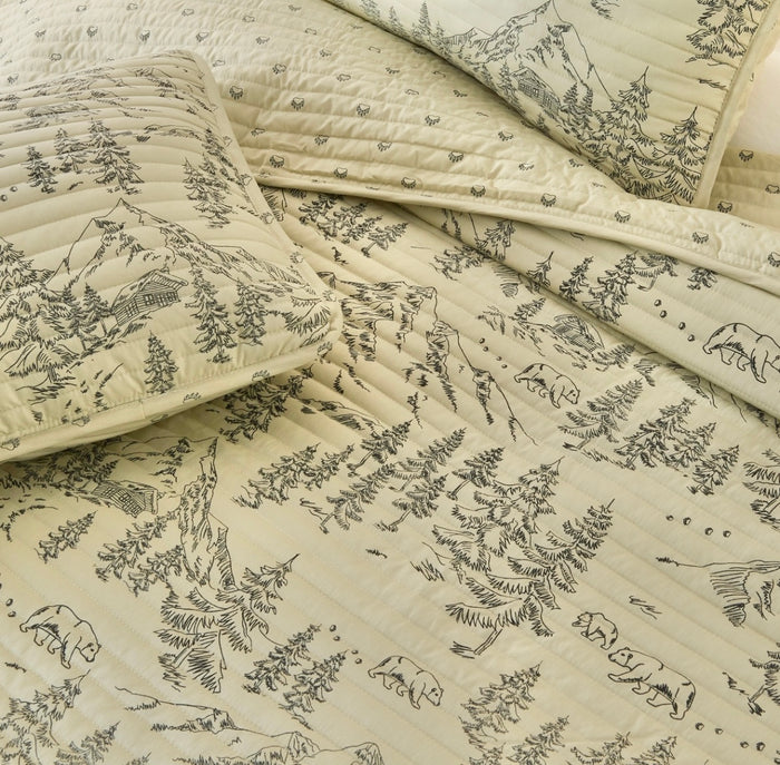 Light Green Bear and Pine Tree Toile Quilt Set - Annabel Bleu