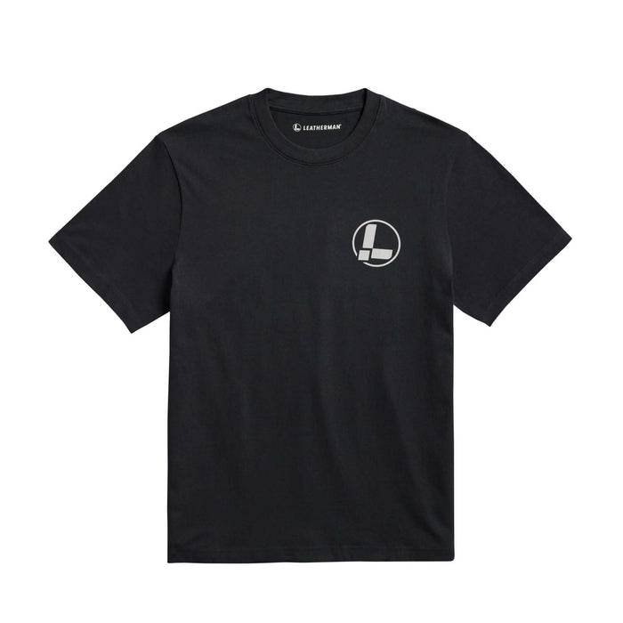 Front of the black Leatherman classic logo tee displaying the 'L' logo