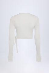 Pointelle Wrap Crop Top in White