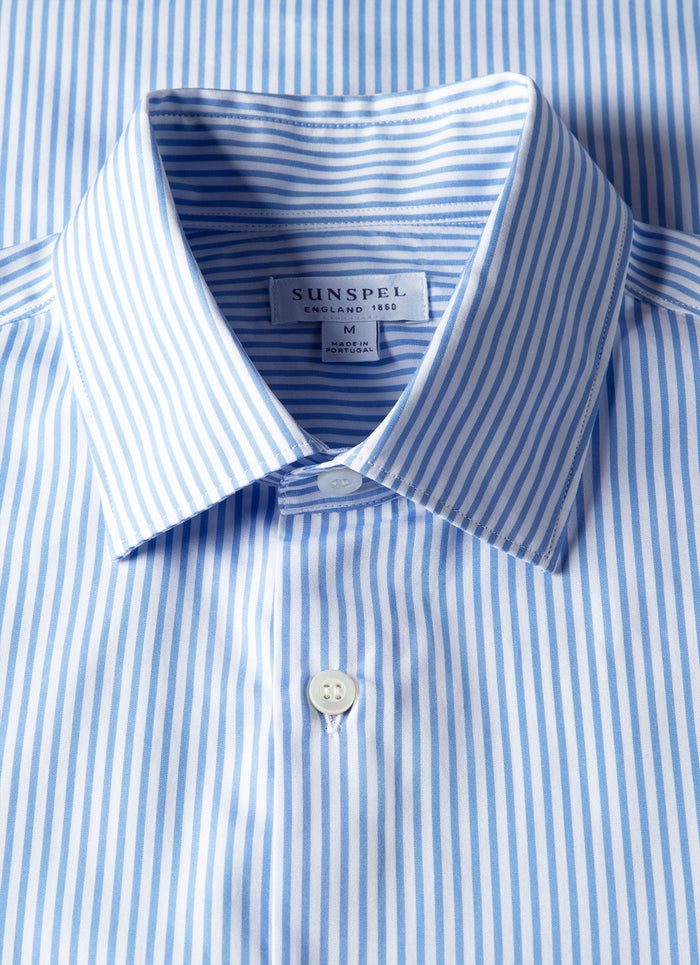 Men's Cotton Poplin Shirt in Mid Blue Bengal Stripe