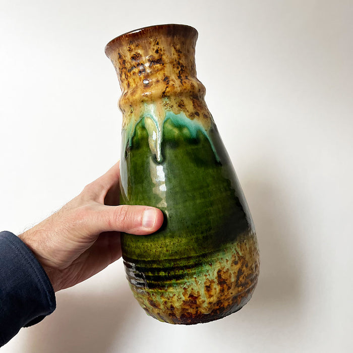 Mid-Century Ceramic Tall Vase with Green Glaze Made in West Germany