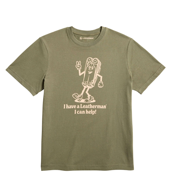 Olive khaki tee shirt with the Mr. Wave logo displaying a character based on the Wave with the slogan 'I have a Leatherman, I can help!"