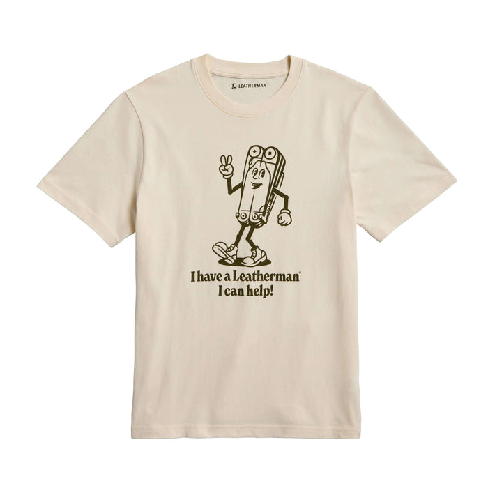 Natural gold tee shirt with the Mr. Wave logo displaying a character based on the Wave with the slogan 'I have a Leatherman, I can help!"