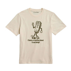 Natural gold tee shirt with the Mr. Wave logo displaying a character based on the Wave with the slogan 'I have a Leatherman, I can help!"