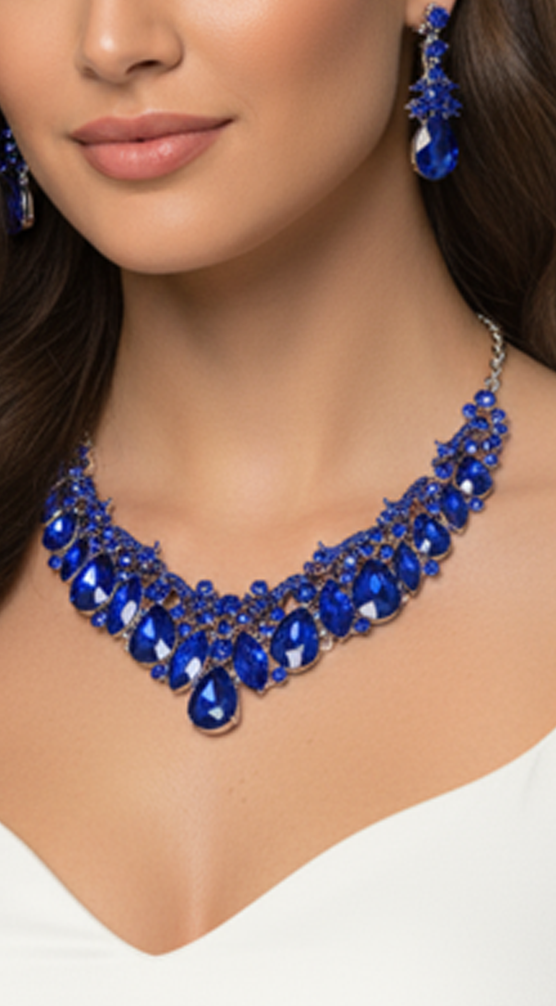 Give Me Your Attention Blue Teardrop Marquise Stone Cluster Necklace & Earrings Set