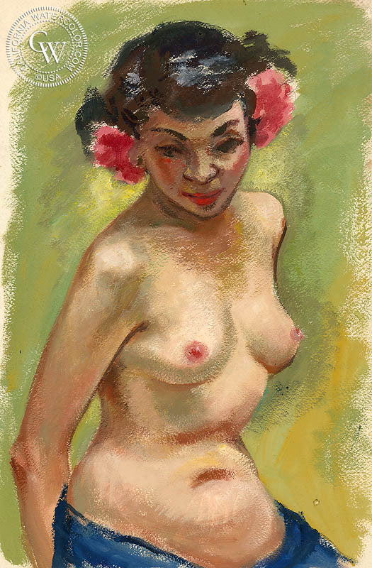 Nude with Red Flowers, 1949, watercolor painting by Duval Eliot (American art). Original painting and fine art giclée reproduction by California Watercolor for wall decor.