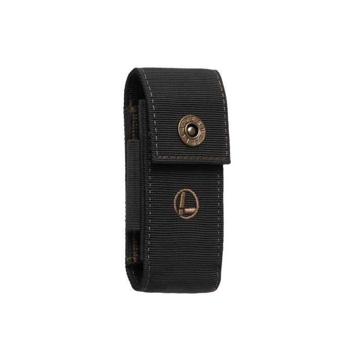 Leatherman black and bronze nylon sheath with pockets showcasing the secure snap closure and Leatherman logo.