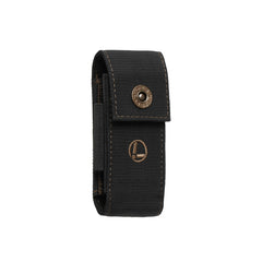 Leatherman black and bronze nylon sheath with pockets showcasing the secure snap closure and Leatherman logo.