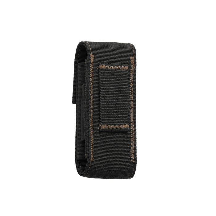 Back view of a black and bronze nylon Leatherman sheath with reinforced brown stitching and a horizontal belt loop sewn onto the rear for secure attachment. The sheath has a rugged, utilitarian design intended to hold and carry a multi-tool.