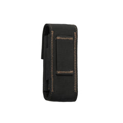 Back view of a black and bronze nylon Leatherman sheath with reinforced brown stitching and a horizontal belt loop sewn onto the rear for secure attachment. The sheath has a rugged, utilitarian design intended to hold and carry a multi-tool.