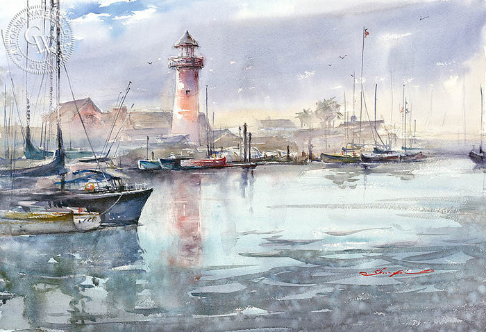 Oceanside Harbor, watercolor painting by Shuang Li (American art). Original painting and fine art giclée reproduction by California Watercolor for wall decor.