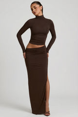 Modal Asymmetric-Waist Maxi Skirt in Chocolate Brown