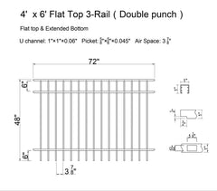Ornamental Aluminum Flat Top 6' Wide x 4' Tall 3-Rail Fence Panel with 3-7/8" Air Space