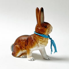 Paper Maché Rabbit Figurine with Vintage Blue Ribbon