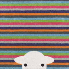 Peep Stripe Herdy Washable Runner- a 100% recycled cotton runner featuring a bright striped background with a Herdy peeking through the bottom of the mat.