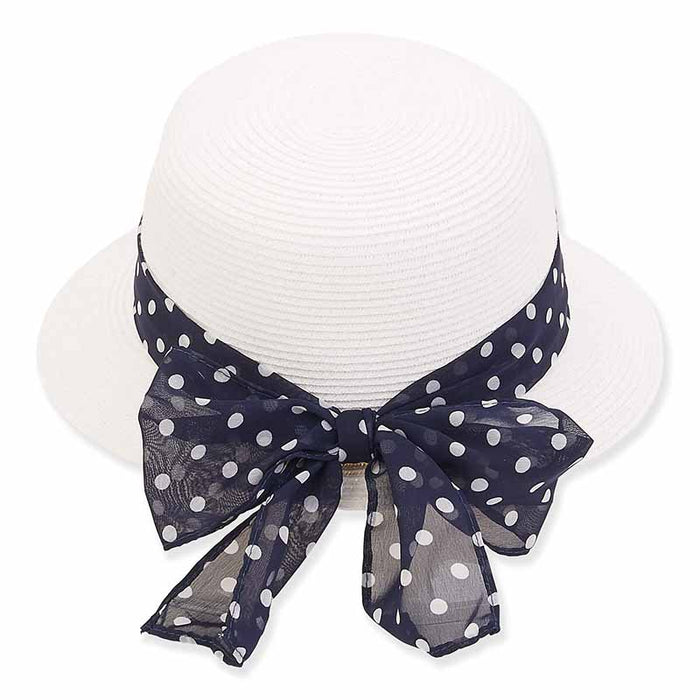 Petite Asymmetrical Brim Hat with Polka Dot Sash - Sunny Dayz Hat Cloche Sun N Sand Hats HKYOS203B White Small (54 cm)