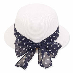 Petite Asymmetrical Brim Hat with Polka Dot Sash - Sunny Dayz Hat Cloche Sun N Sand Hats HKYOS203B White Small (54 cm)
