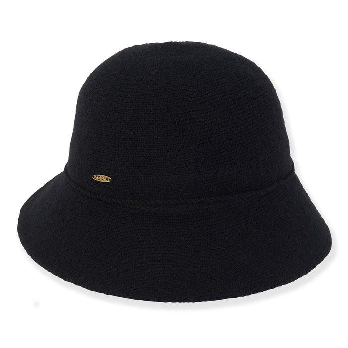 Petite Rhinestone Accent Split Brim Wool Cloche - Adora Hats Cloche Adora Hats AD1621A Black S (56 cm)