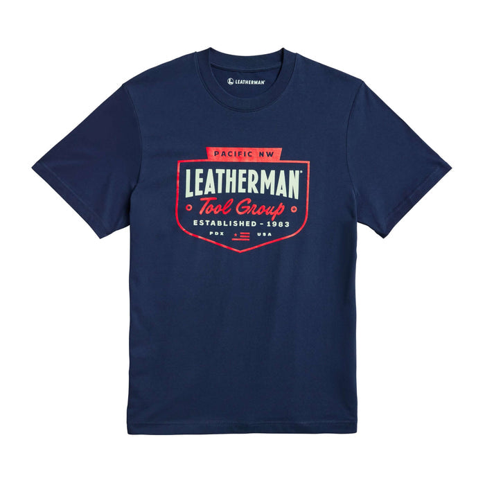 Navy Leatherman Pacific Northwest tee with a red emblem logo. Established 1983.