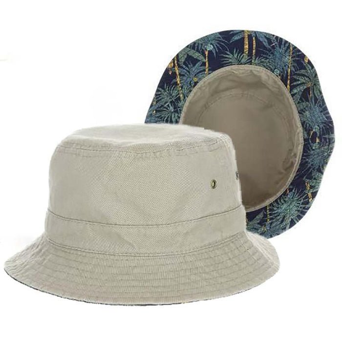 Reversible Cotton Bucket Hat with Tropical Print Underbrim - Dorfman Hats Bucket Hat Dorfman Hat Co. BH223KHm Khaki Medium (22.5")