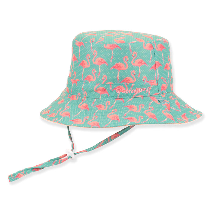 Reversible Flamingo Print & Terrycloth Petite Bucket Hat - Sun 'N' Sand Hats Bucket Hat Sun N Sand Hats HK557L Flamingo OS (55cm)