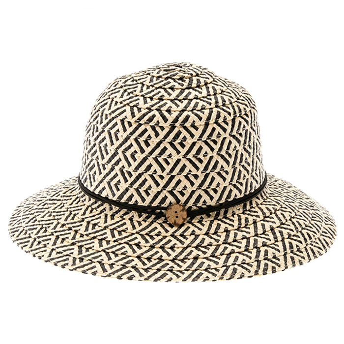 Rollable Sun Hat with Coconut Button for Travel - Boardwalk Style Cloche Boardwalk Style Hats DA1918 Black / Ivory OS (57 cm)