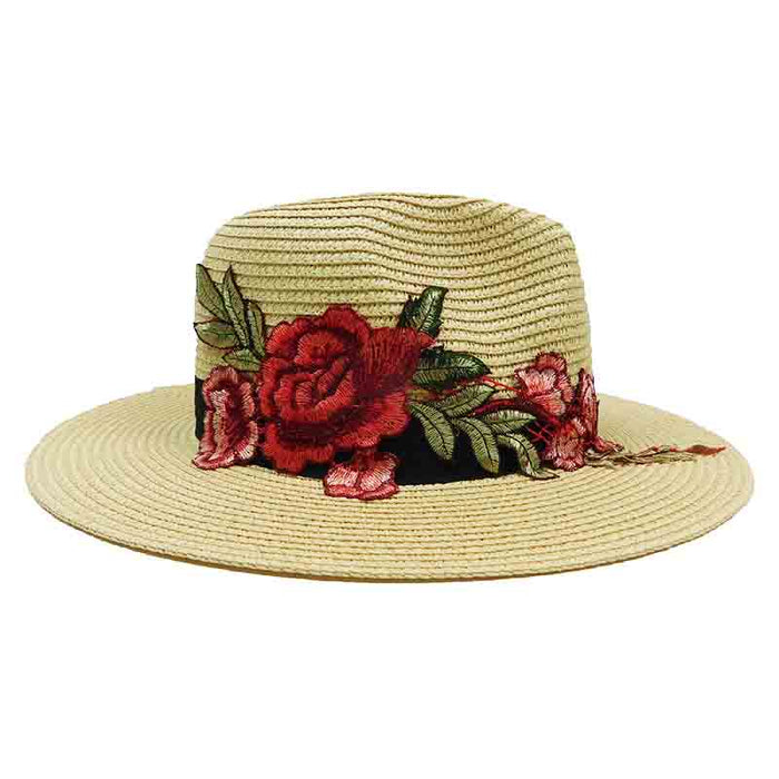Rose Applique Summer Fedora by JSA Safari Hat Jeanne Simmons Accessories JS8491TN Tan