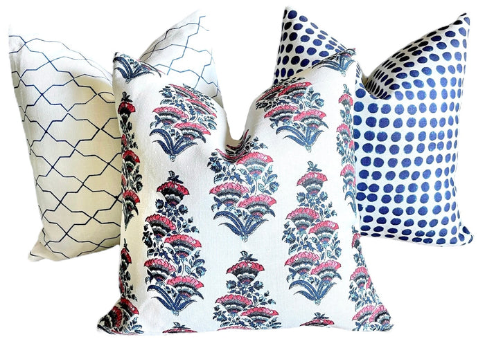 Sale: Pink, White, and Indigo Linen Block Print Pillow Cover - Annabel Bleu