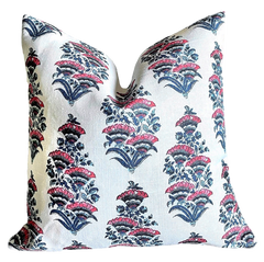 Sale: Pink, White, and Indigo Linen Block Print Pillow Cover - Annabel Bleu