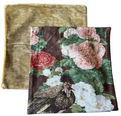 Sale: Set of Two Pillow Covers, Schumacher Floral Chickens & Gold Mohair - Annabel Bleu