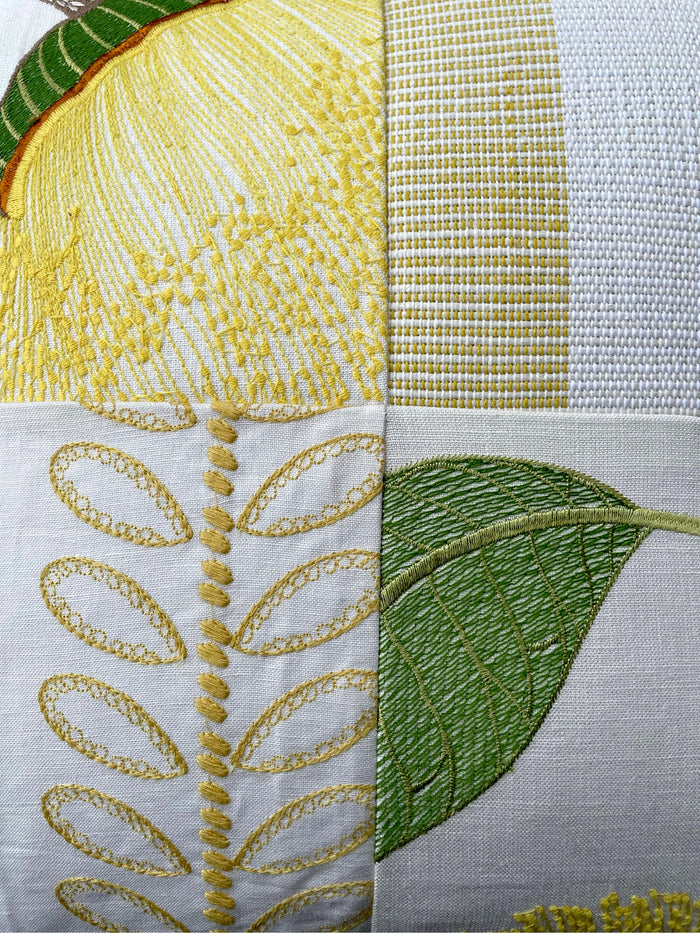 Schumacher Yellow & Green Embroidered Pillow Cover: Horst Stripe, Celinda Embroidery, and Camile Embroidery - Annabel Bleu