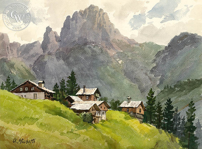 Selva Di Gardena, Italy, watercolor painting by Othello Michetti (American art). Fine art giclée print reproduction by California Watercolor for wall decor.