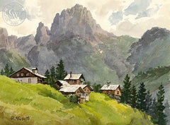 Selva Di Gardena, Italy, watercolor painting by Othello Michetti (American art). Fine art giclée print reproduction by California Watercolor for wall decor.