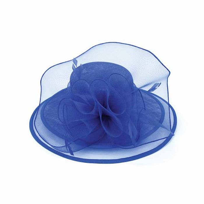 Sinamay and Tulle Dress Hat with Feather Accent - Something Special Collection Dress Hat Something Special Hat hf2803bl Cobalt Blue