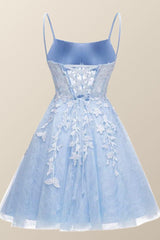 Straps Sky Blue Appliques Short Homecoming Dress