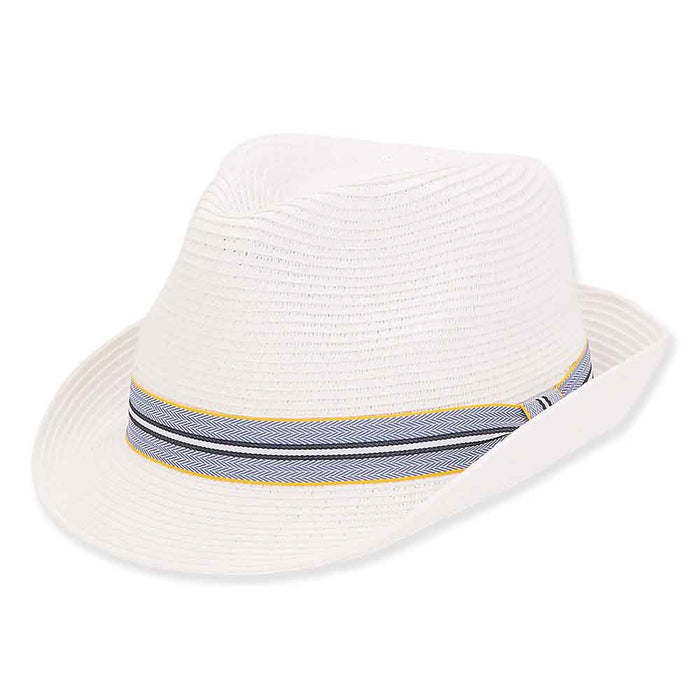 Small Size White Fedora Hat with Blue Chevron Band - Sunny Dayz™ Hats Fedora Hat Sun N Sand Hats HK395 White Small (54 cm)