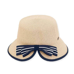 Split Brim Straw Cloche with Striped Bow - Sun 'N' Sand Hats Facesaver Hat Sun N Sand Hats
