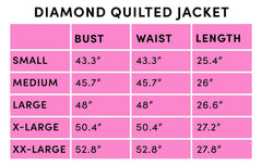 Size chart for a diamond quilted jacket on a pink background