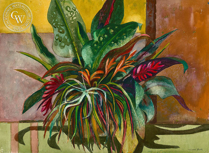 Still Life, c. 1960s, watercolor painting by Millard Sheets (American art). Original painting and fine art giclée reproduction by California Watercolor for wall decor.