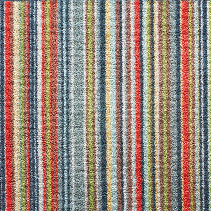 Stripe 32 Multi Washable Runner- a 100% recycled cotton runner featuring vertical stripes in light green, white, blue, navy, red, grey, and cream.