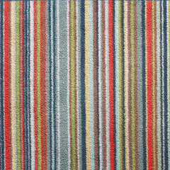 Stripe 32 Multi Washable Runner- a 100% recycled cotton runner featuring vertical stripes in light green, white, blue, navy, red, grey, and cream.